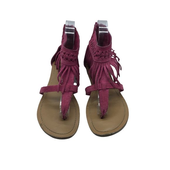 Minnetonka Sandals Boho Fringe Women Size 7 Suede Leather Pink Fuchsia Ankle Zip - Picture 2 of 7